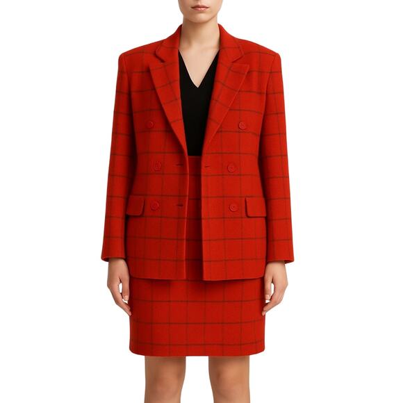 Vintage Dresses & Skirts - Jones New York Vintage Red Plaid Skirt Suit Wool Blazer & Skirt Retro Size 12